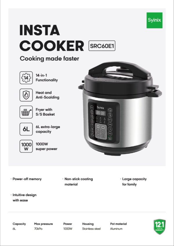 Syinix Insta Cooker 6L Electric Pressure Cooker – 14 in 1 Cooking Modes