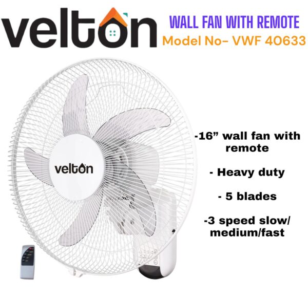 VELTON Wall Fan With REMOTE, 3 Speed With 5 Blades
